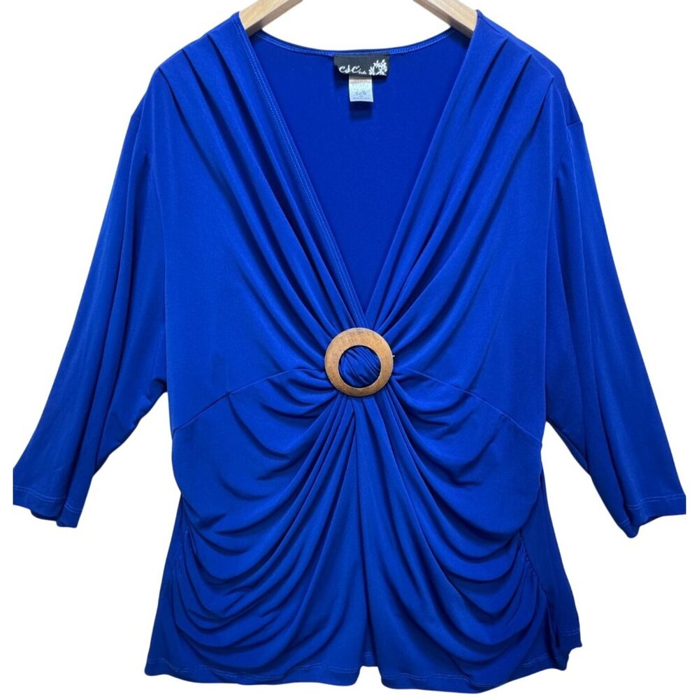 Women's Ruched O Ring Jersey Dress Stretch Size 3X Blue 3/4 Sleeve